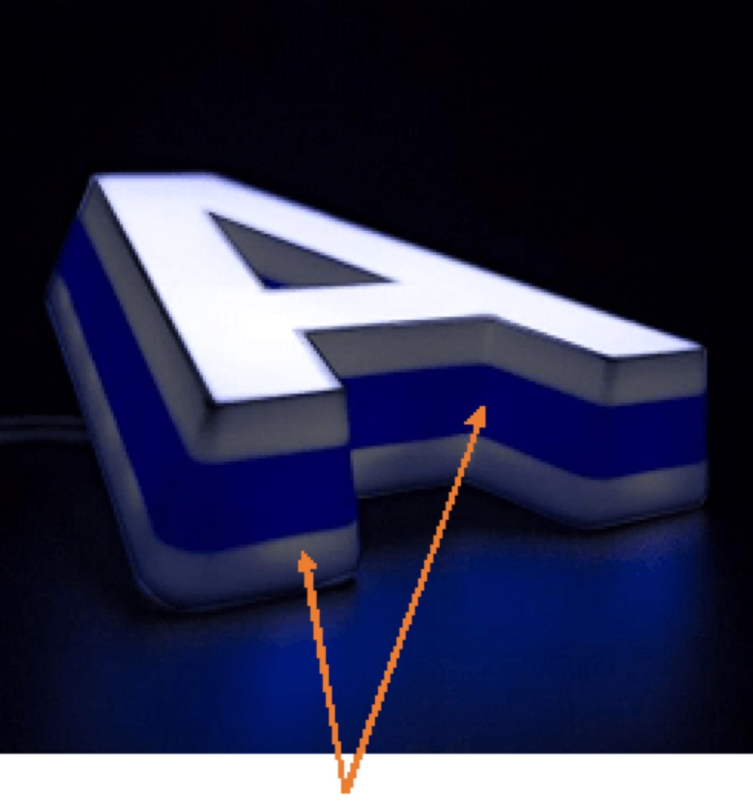 Solid color filament — light leaks through, makes the letter wired