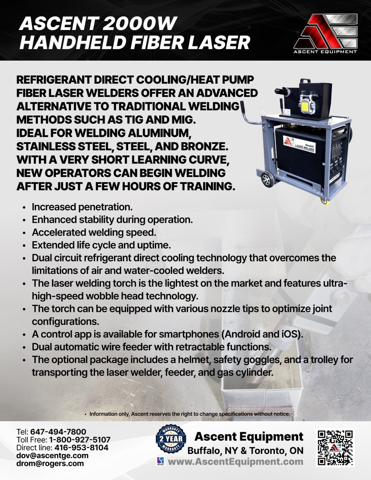 Ascent handheld fiber laser welder spec sheet — page 1