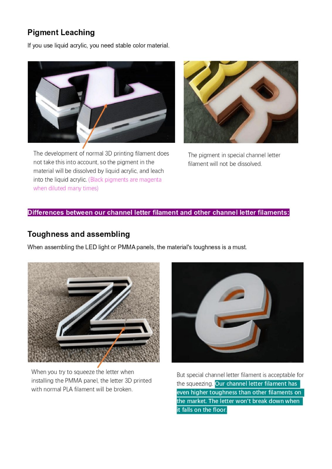 Ascent channel letter filament brochure — page 2: Pigment Leaching, Toughness and assembling