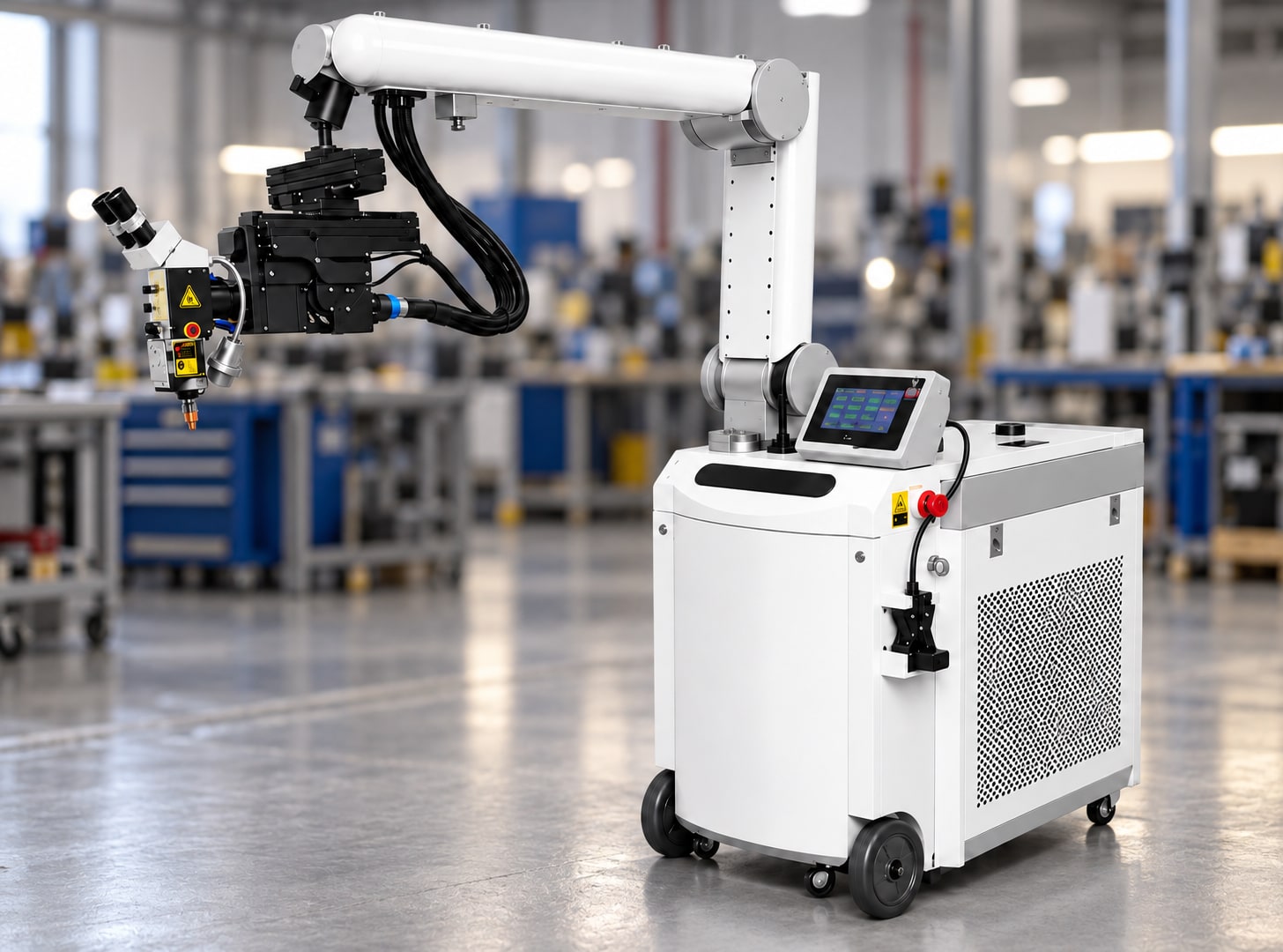 Ascent laser mold repair machine: a white mobile cabinet with an articulated arm, microscope, and laser welding head