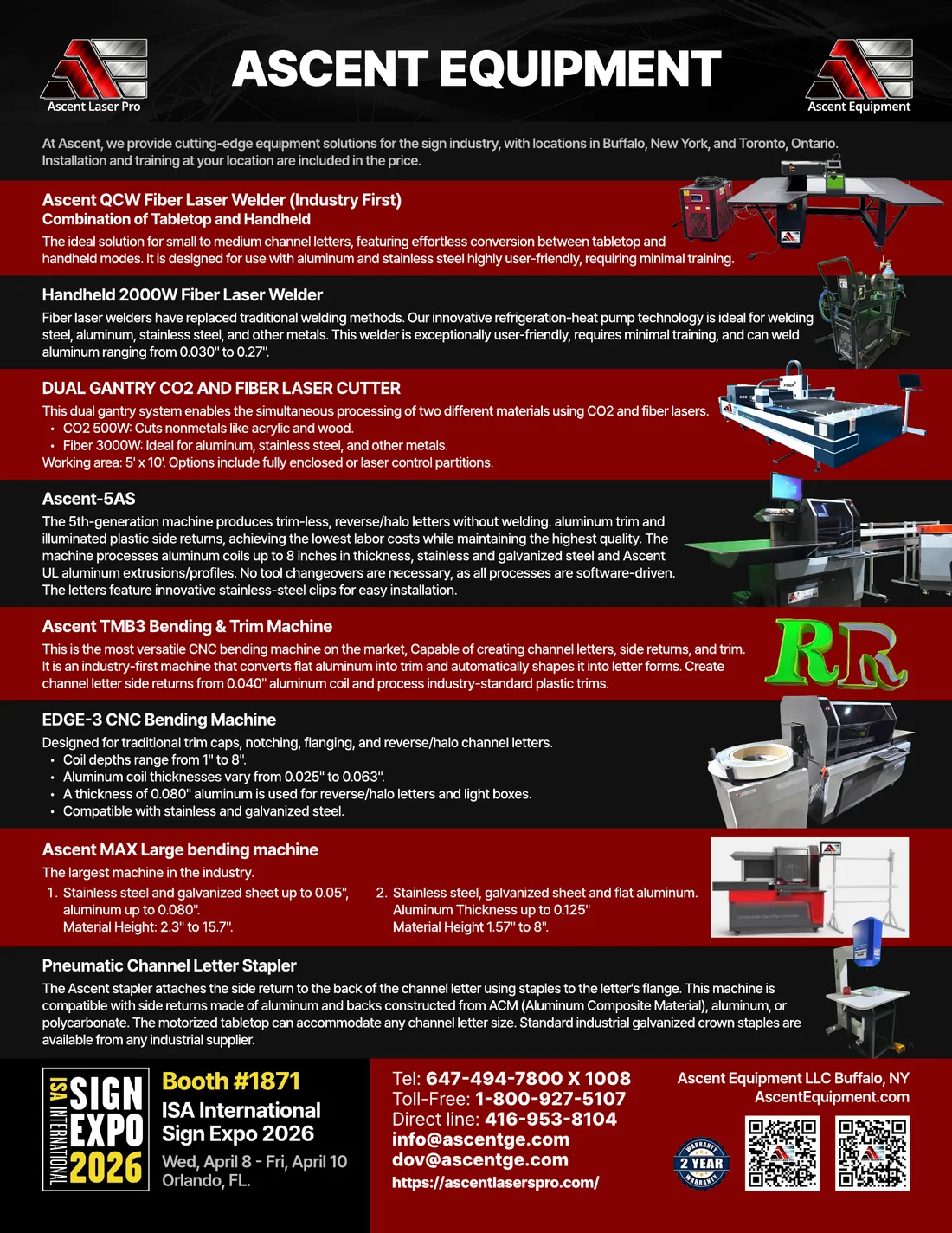 Ascent Equipment 2026 equipment lineup — channel letter benders, fiber laser welders, and the dual-gantry CO2 + fiber laser cutter