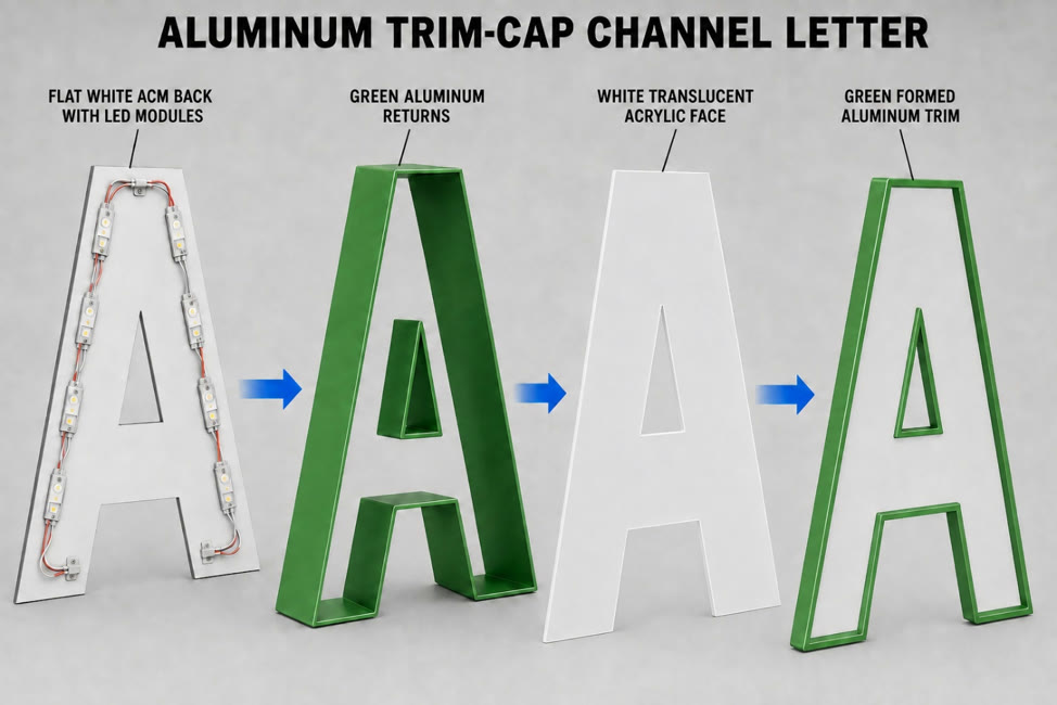 Aluminum trim-cap channel letter assembly — flat white ACM back with LED modules, green aluminum returns, white translucent acrylic face, and green formed aluminum trim
