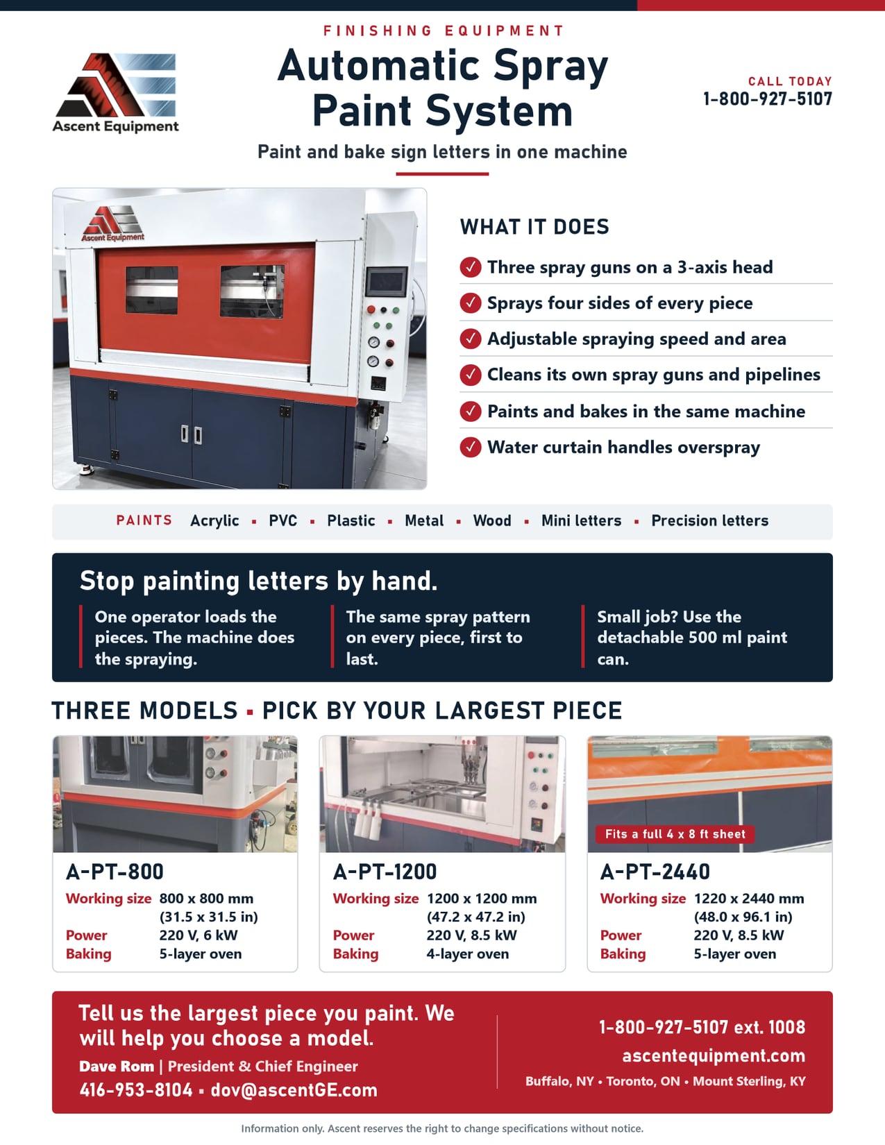 One-page Ascent Automatic Spray Paint System flyer: what the machine does, the three A-PT models with sizes, power and ovens, and Ascent contact details