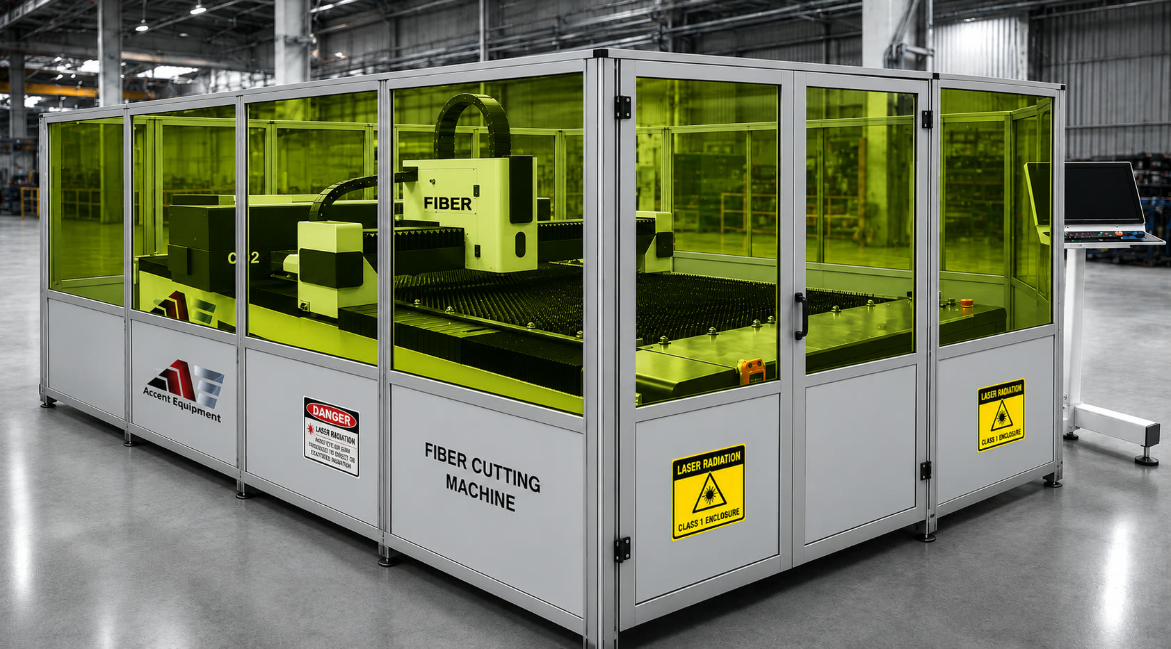 Dual gantry CO2 and fiber laser cutter with laser safety partitions
