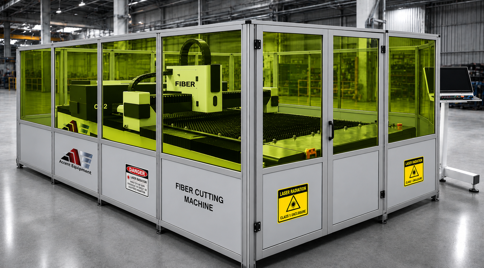 Dual gantry CO2 and fiber laser cutter with laser safety partitions
