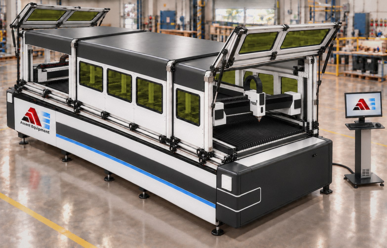 Enclosed dual-gantry laser cutter with tinted safety windows and its cover panels raised for access