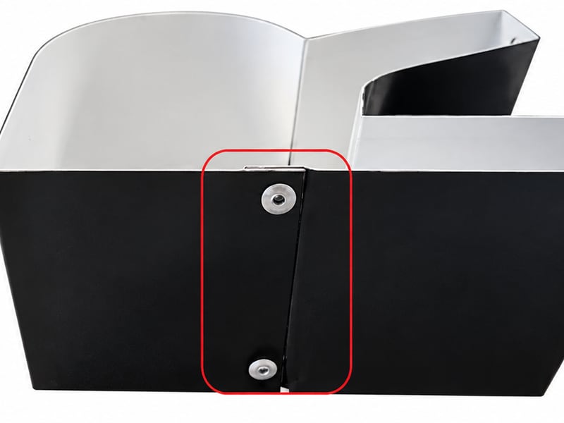 Two Ascent EDGE4 channel letter returns with the connection holes circled in red: a riveted joint on the left and holes in the leg ends on the right