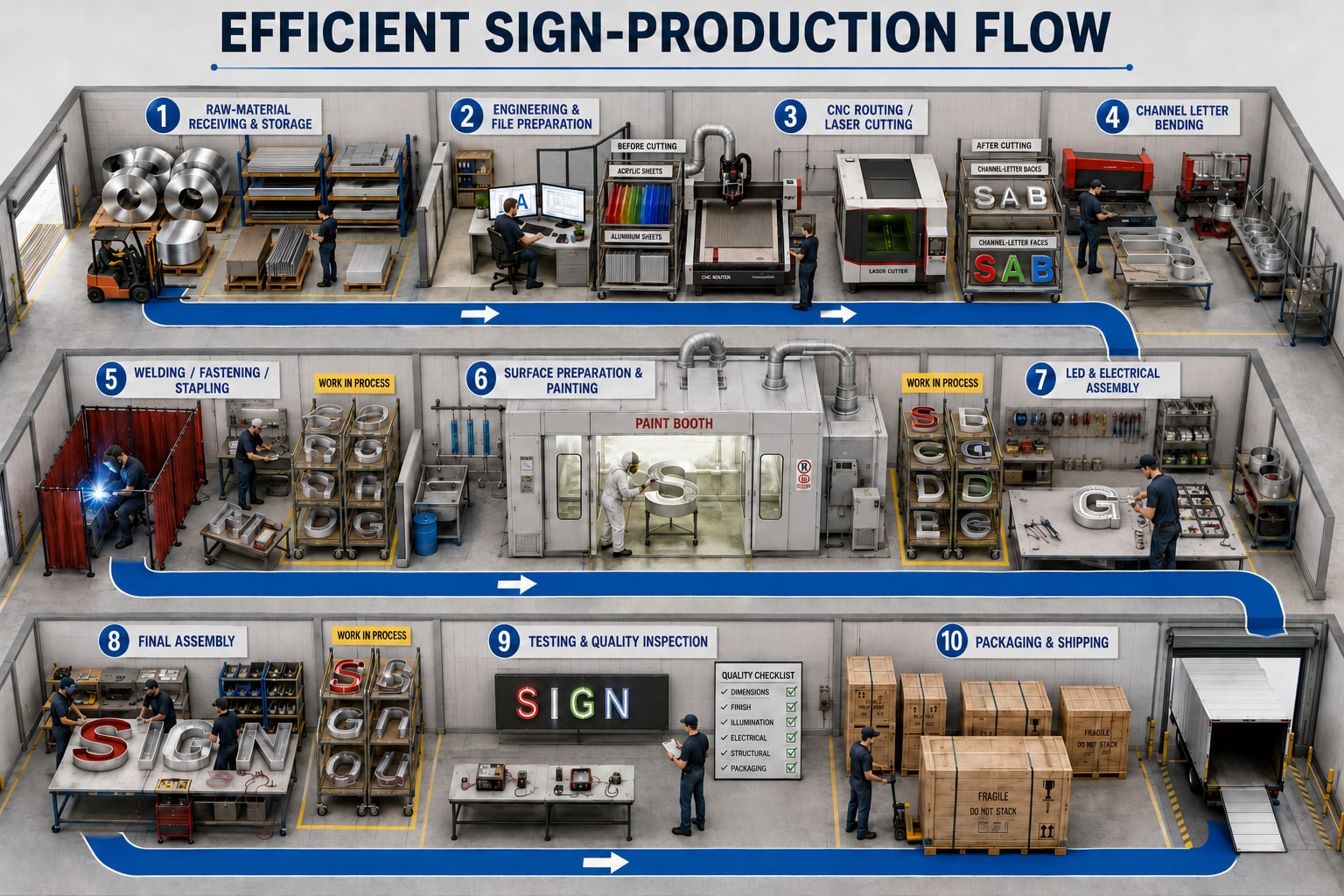 Efficient sign-production flow diagram showing all ten stages, from raw-material receiving and storage through engineering, CNC routing and laser cutting, channel letter bending, welding and fastening, surface preparation and painting, LED and electrical assembly, final assembly, testing and quality inspection, to packaging and shipping