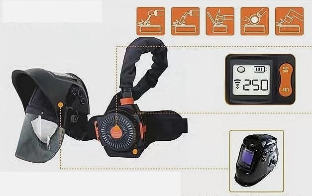 Hooded helmet with a belt-worn powered air-purifying respirator unit, a control display and a welding helmet inset
