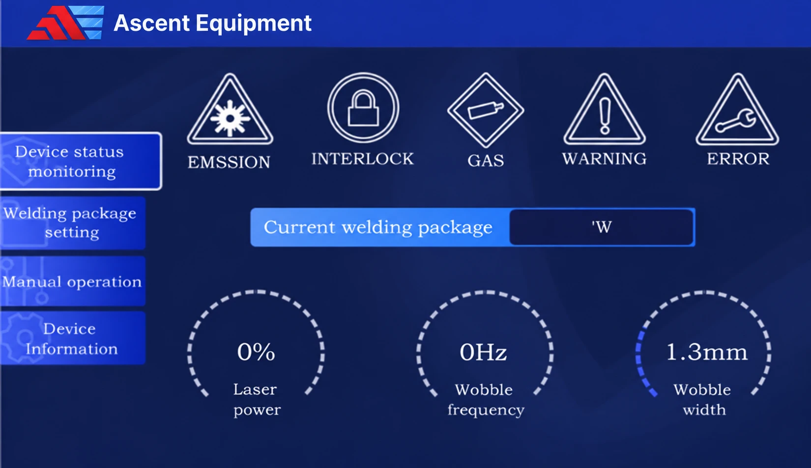 Ascent MASTER X touchscreen control panel, showing device status monitoring, process package settings, manual operation, and laser power, wobble frequency, and wobble width controls