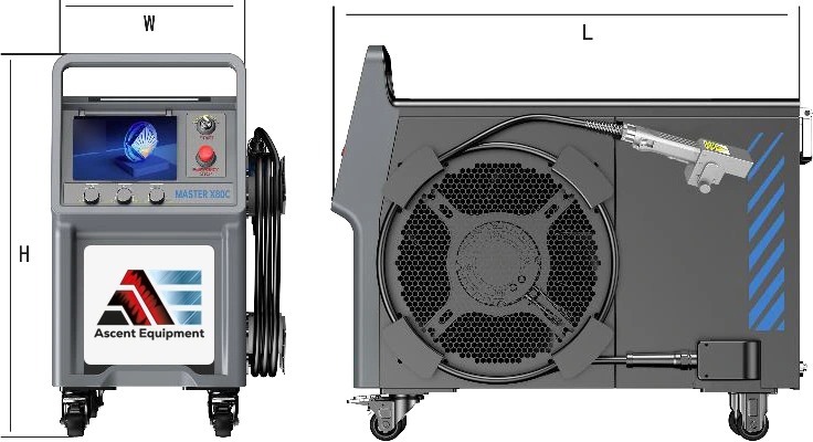 Ascent MASTER X80C laser cleaning machine, front and side dimension views