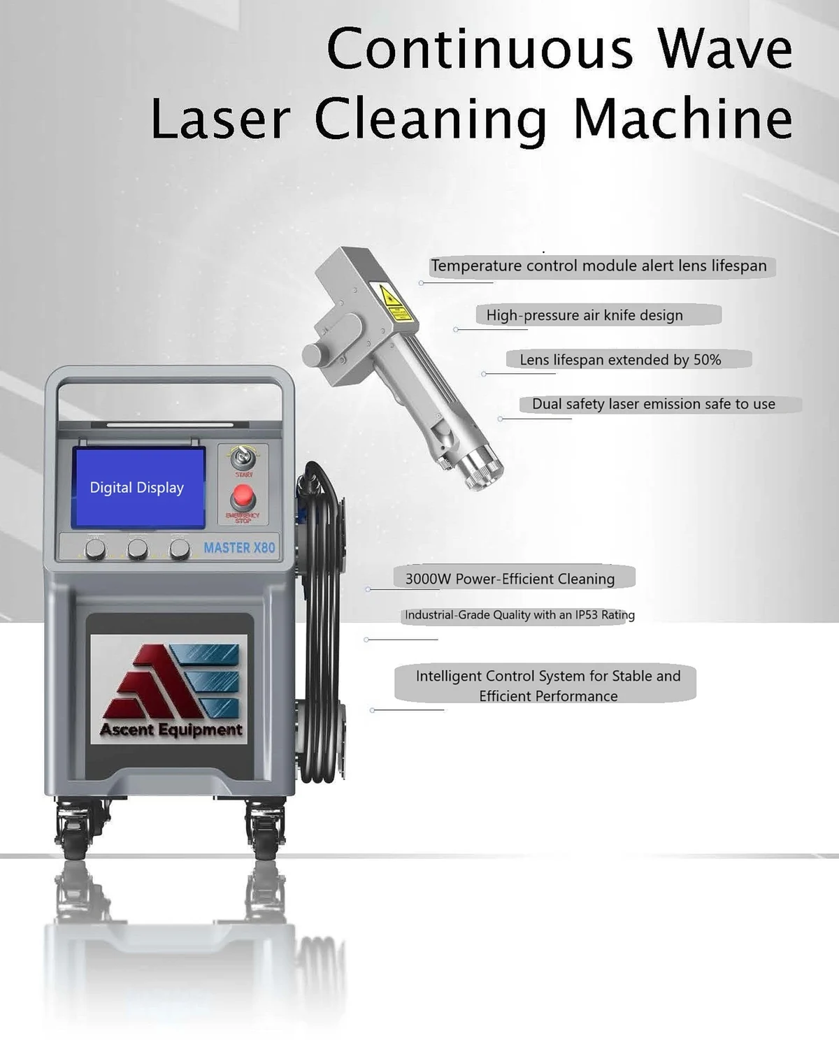 Ascent MASTER X80 continuous wave fiber laser cleaning machine with feature callouts