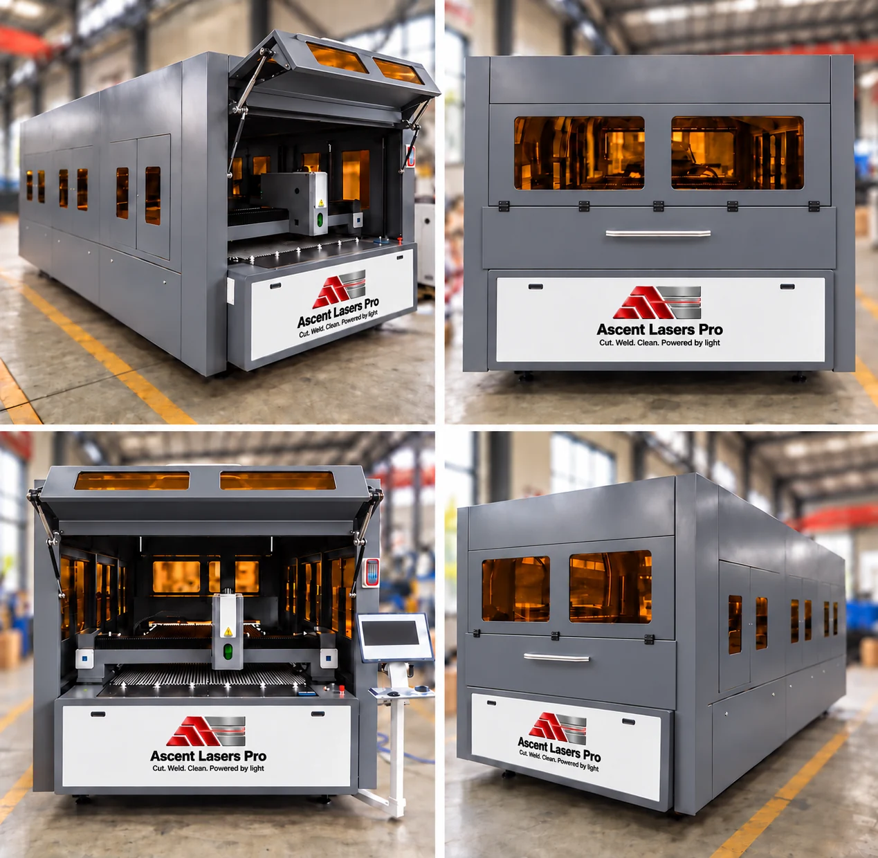 Ascent laser cutter with a rigid gray enclosure and amber windows, pictured from four angles, including the front lid lifted open on gas struts and the operator console