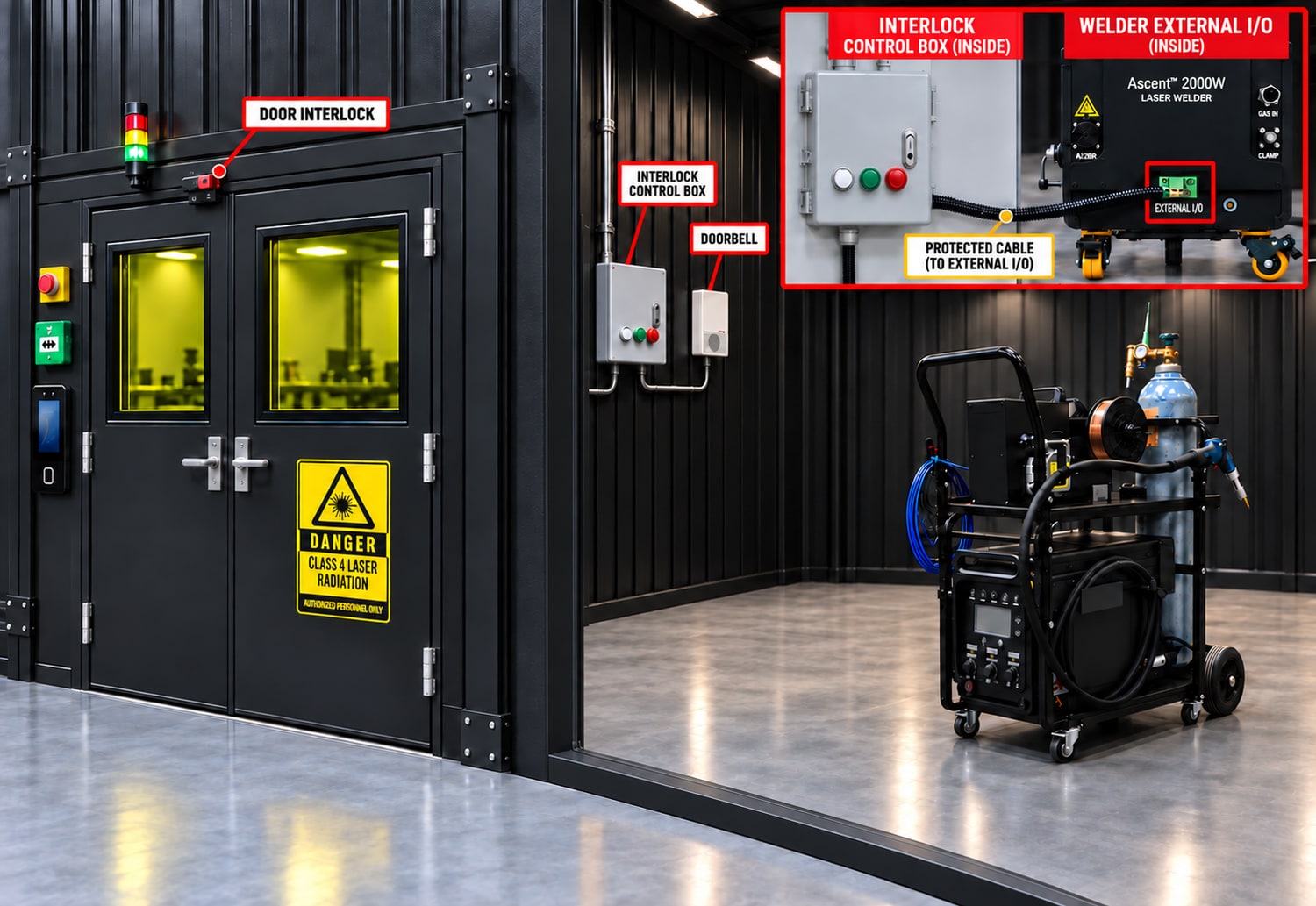 Concept drawing of a laser room door with a door interlock, status light, emergency stop and control box, plus an inset showing the cable to the welder's external I/O port