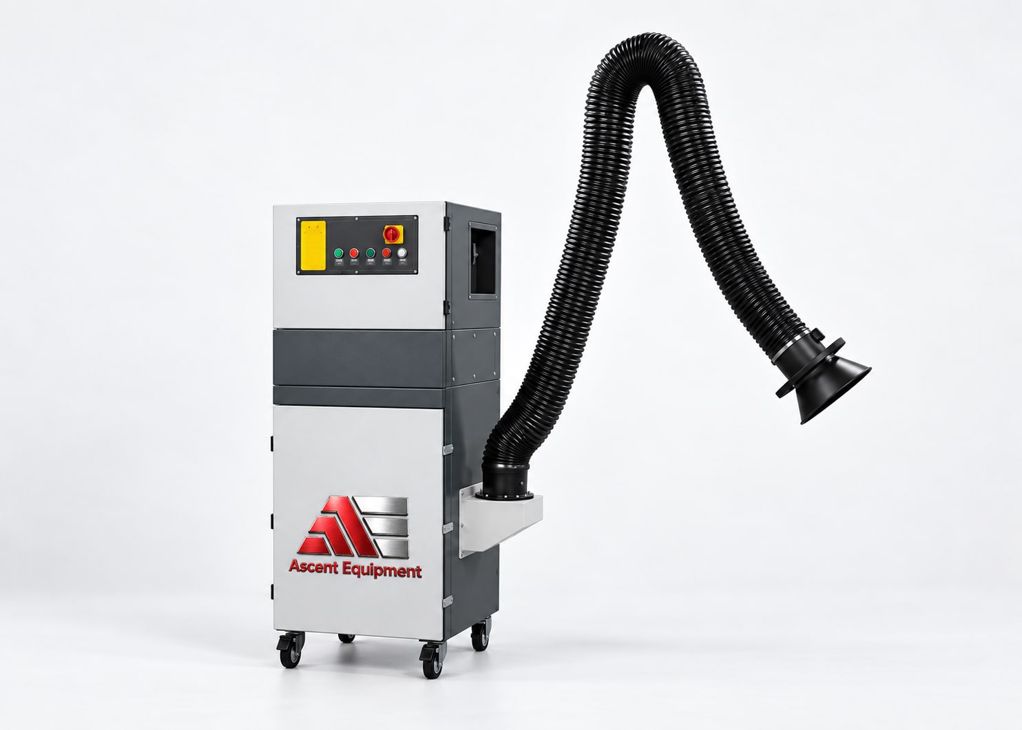 Portable fume extractor cabinet on wheels with a black flexible hose and capture nozzle