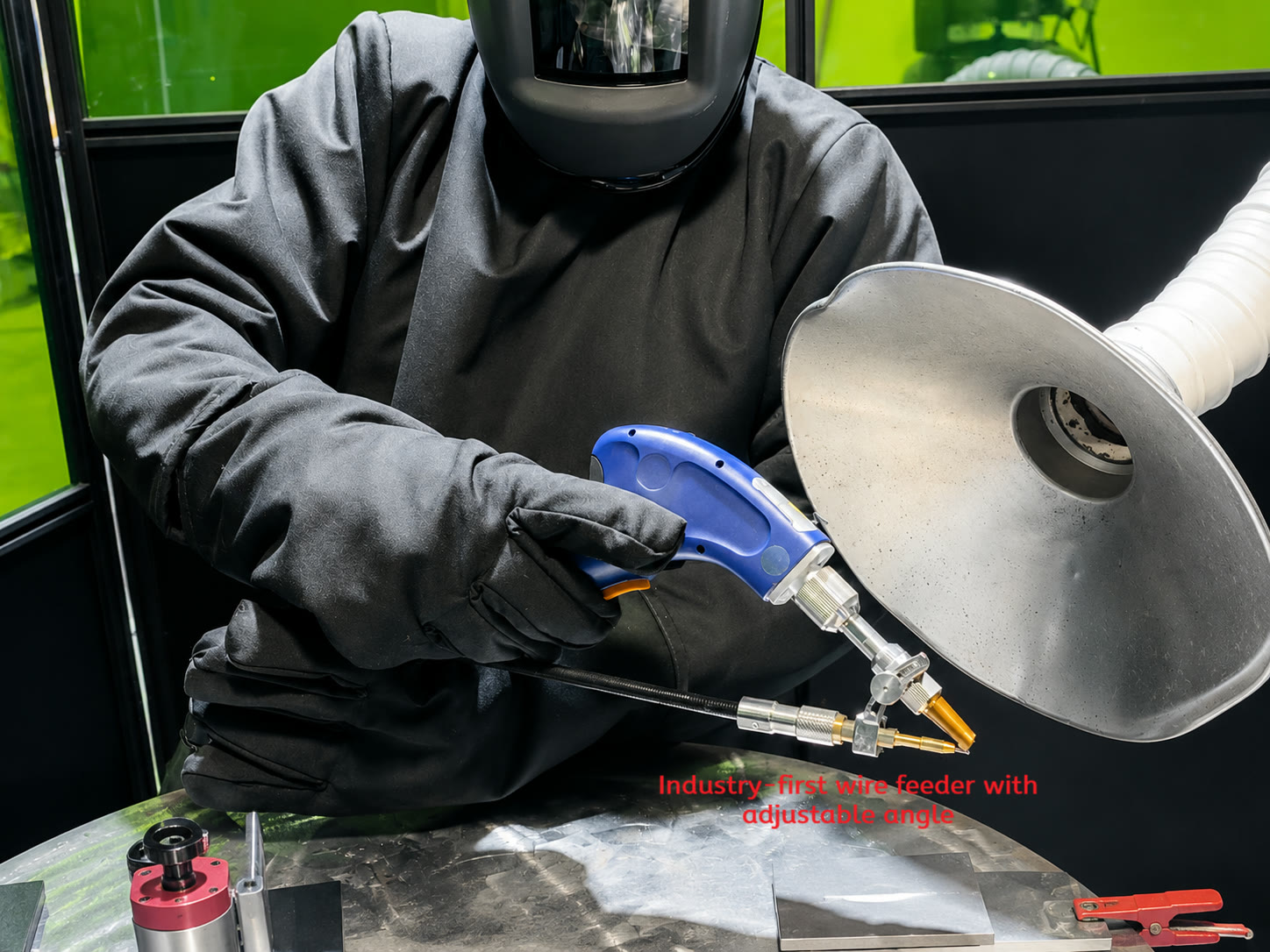 Industry first laser welder wire feeder with adjustable angle