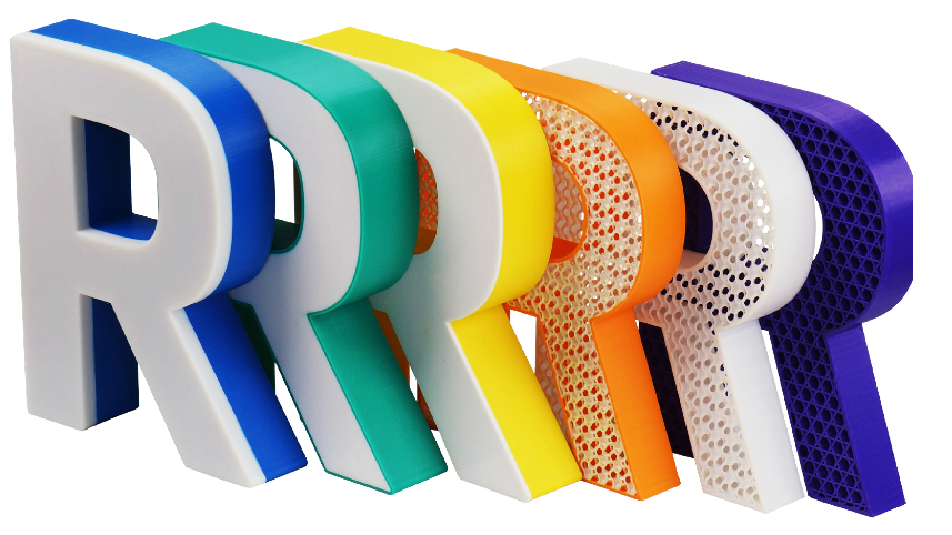 Multiple colorful 3D-printed channel letter Rs in various colors showing production variety
