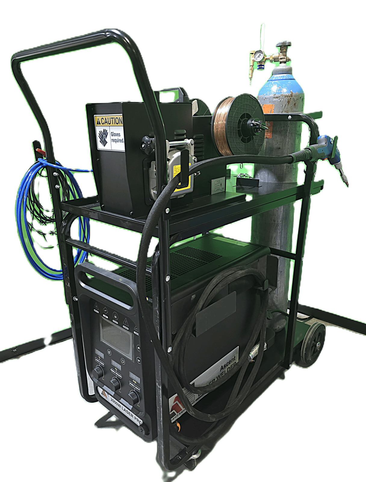 Ascent Equipment 2000W fiber laser welder on cart with dual wire feeder and Argon gas tank