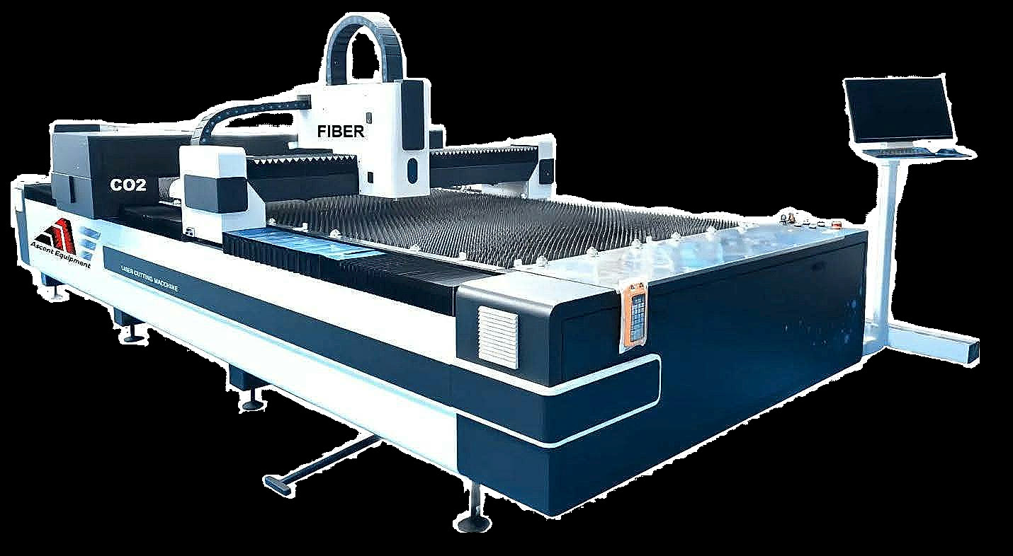 Ascent Equipment Dual Gantry CO2 and Fiber Laser Cutter — open table design showing both CO2 and Fiber gantries