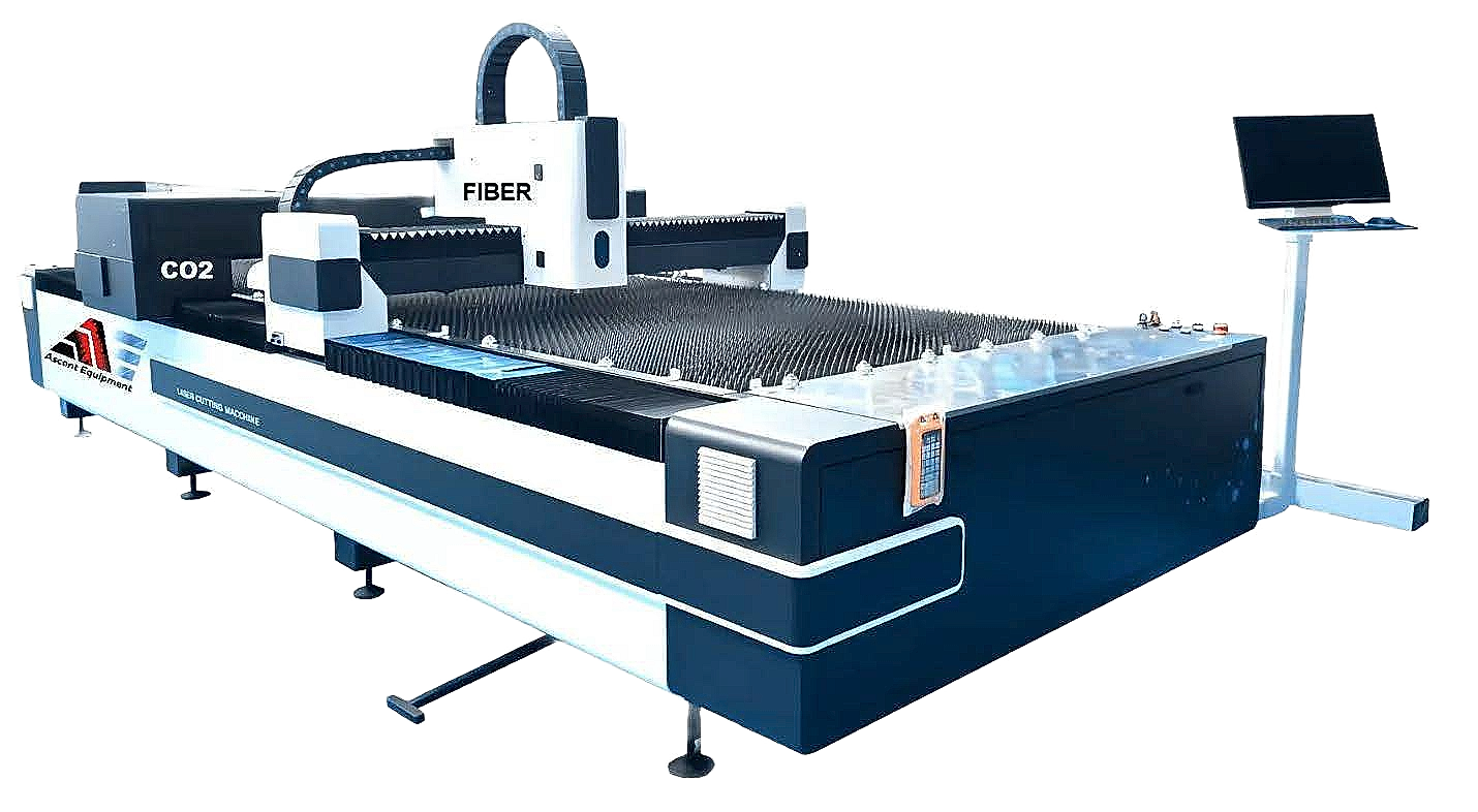 Ascent Equipment Dual Gantry CO2 and Fiber Laser Cutter — open table design showing both CO2 and Fiber gantries