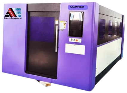Dual Gantry CO2 and Fiber Laser Cutter — enclosed model with Ascent Equipment branding