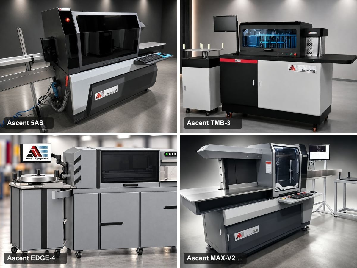 Collage of the four Ascent channel letter bending machines: the 5AS, the TMB-3, the EDGE-4, and the MAX-V2