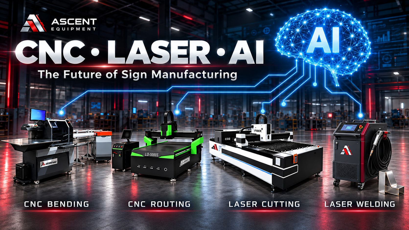 Banner reading CNC, Laser, AI, The Future of Sign Manufacturing, with the Ascent Equipment logo and a glowing AI brain linked by circuit lines to a CNC bending machine, a CNC router, a CO2 and fiber laser cutter, and a laser welder on a factory floor