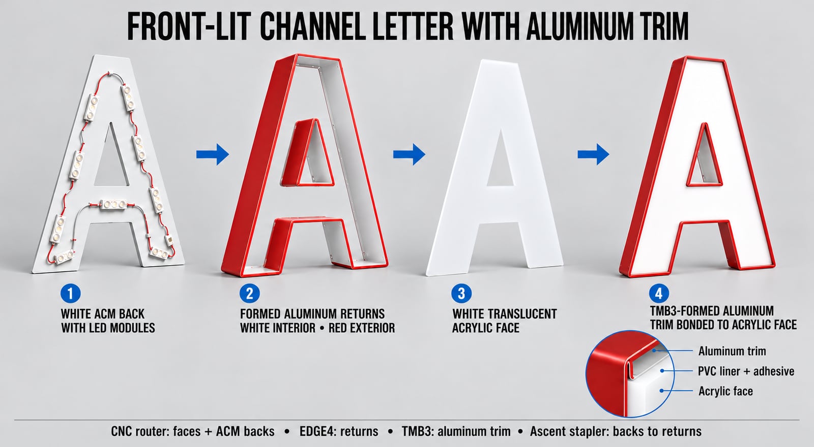 Front-lit channel letter with aluminum trim shown in four parts: a white ACM back with LED modules, formed aluminum returns with a white interior and red exterior, a white translucent acrylic face, and the face with aluminum trim bonded on, with a close-up of the trim, PVC liner, and acrylic face