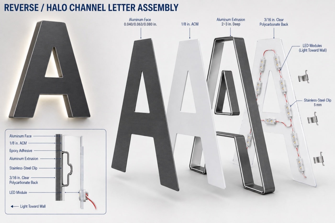 Exploded view of a reverse-halo channel letter: an aluminum face, a 1/8 inch ACM layer, an aluminum extrusion return 2 to 3 inches deep, and a 3/16 inch clear polycarbonate back with LED modules facing the wall and 5 mm stainless-steel clips, with a cross-section showing each layer and the finished letter glowing against a wall