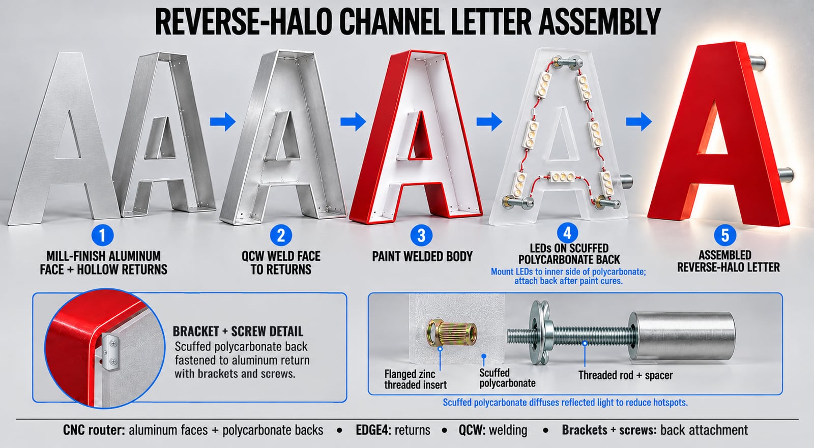 Reverse-halo channel letter assembly in five steps: mill-finish aluminum face with hollow returns, welding the face to the returns, painting the welded body, LEDs on a scuffed polycarbonate back, and the assembled letter glowing on a wall, with a close-up of the bracket and screws that hold the back on and of the standoff hardware
