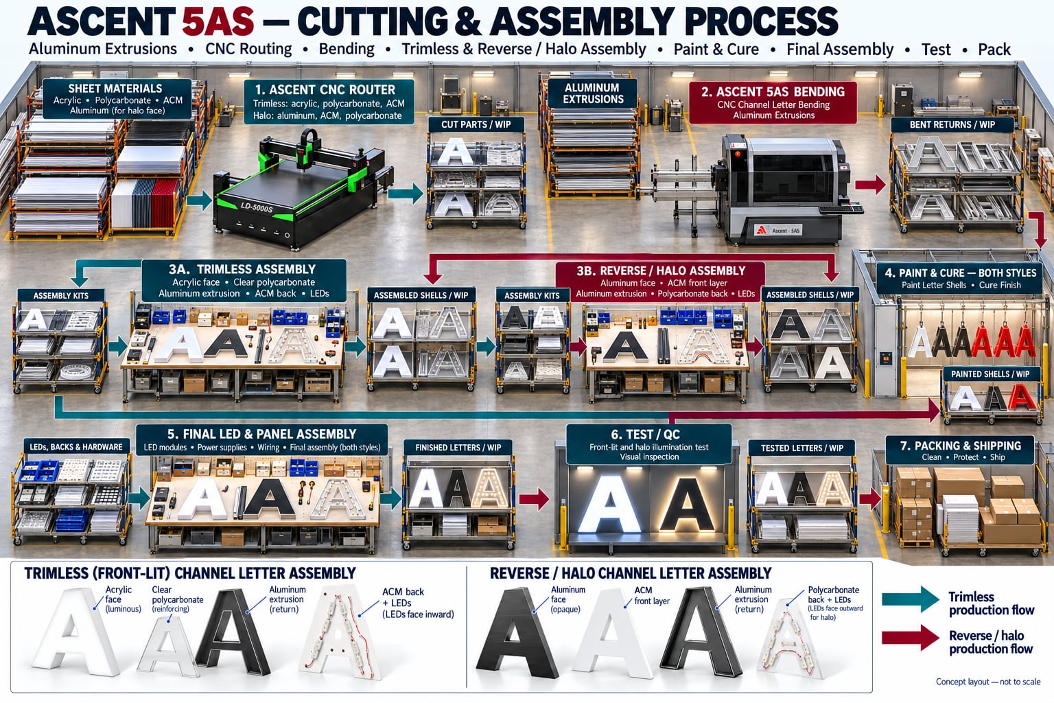Concept layout of a shop floor making trimless and reverse-halo channel letters: sheet materials, CNC router, aluminum extrusions, Ascent 5AS bending, trimless and reverse-halo assembly benches, paint and cure, final LED and panel assembly, test and QC, and packing and shipping, with work-in-progress carts between the stations