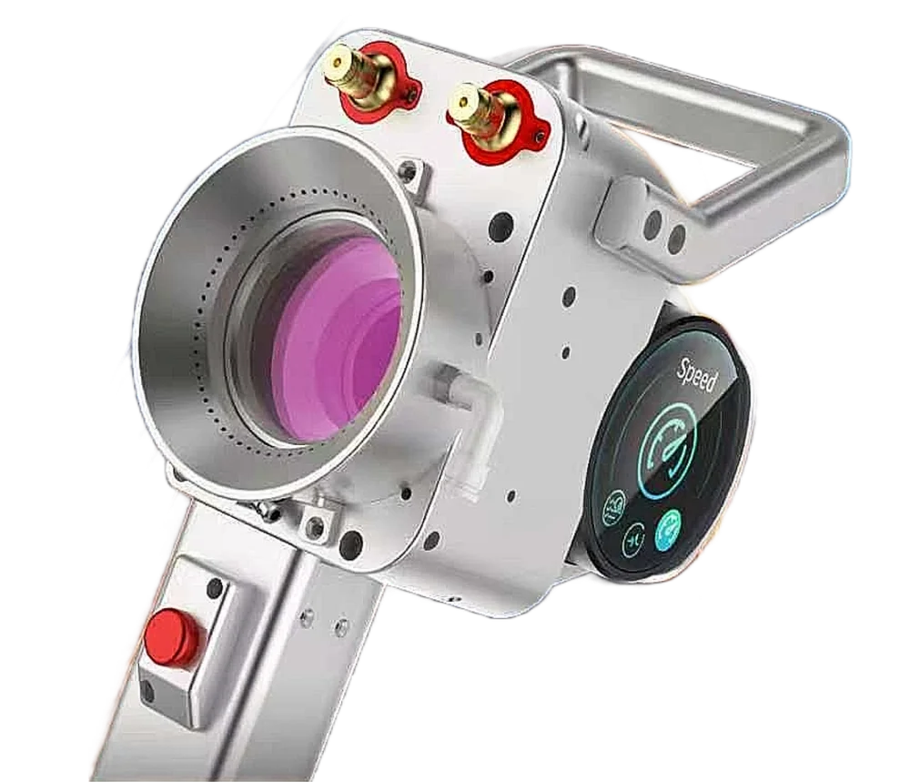 Close-up of the Ascent handheld pulsed laser cleaning gun, showing the focusing lens, handle bar, round operation display, and red switch button