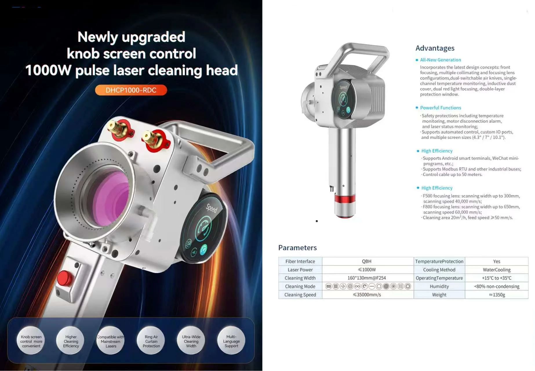 Newly upgraded knob screen control 1000W pulse laser cleaning head, with its advantages and parameters table