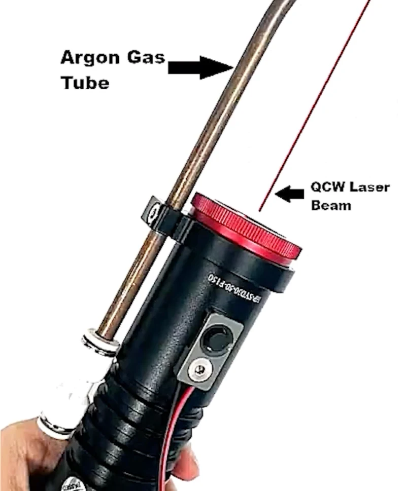 Ascent QCW handheld laser welding torch — argon shielding-gas tube and the QCW laser beam