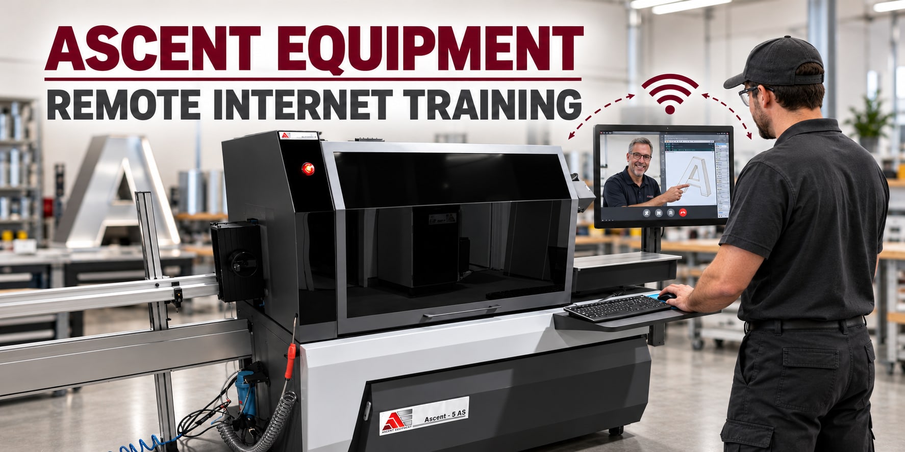 An operator at an Ascent machine follows a remote training session on a video call, with the trainer on the screen pointing at a letter on the design