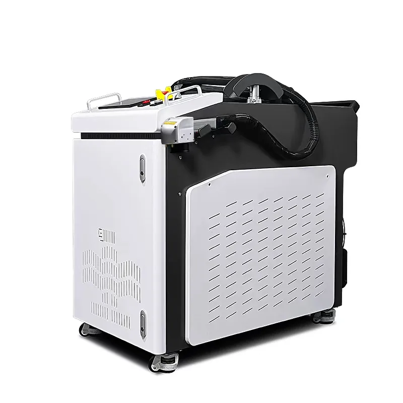 Ascent water-cooled handheld pulsed fiber laser cleaning system, 500W and 1000W models, on casters with a control panel and cleaning gun